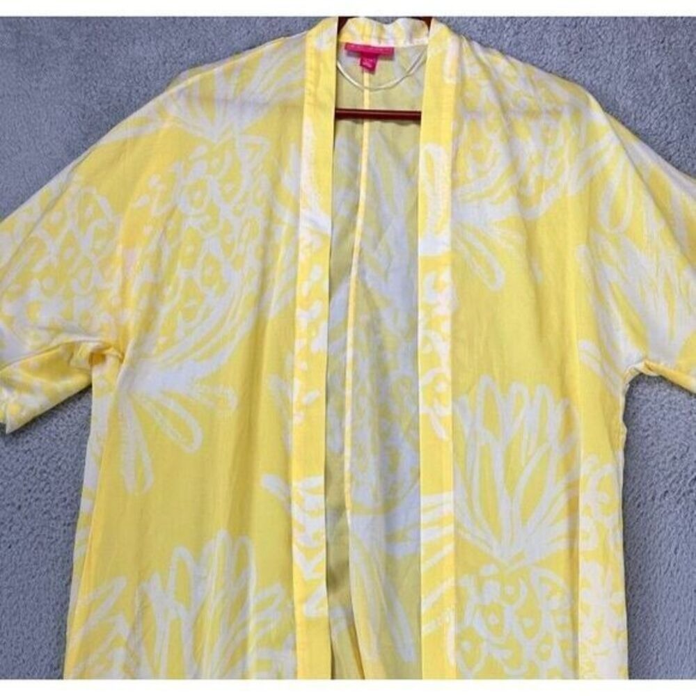Lily Putlizer Sweater Women XS Yellow Pineapple Print Long Cardigan Short Sleeve